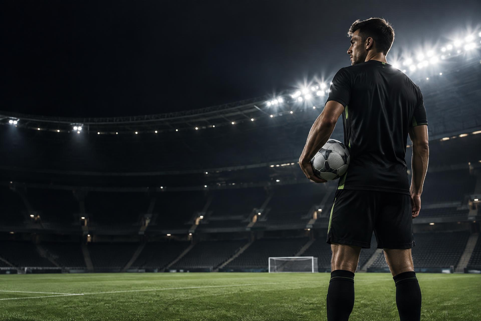 Calciatore sul campo di uno stadio illuminato